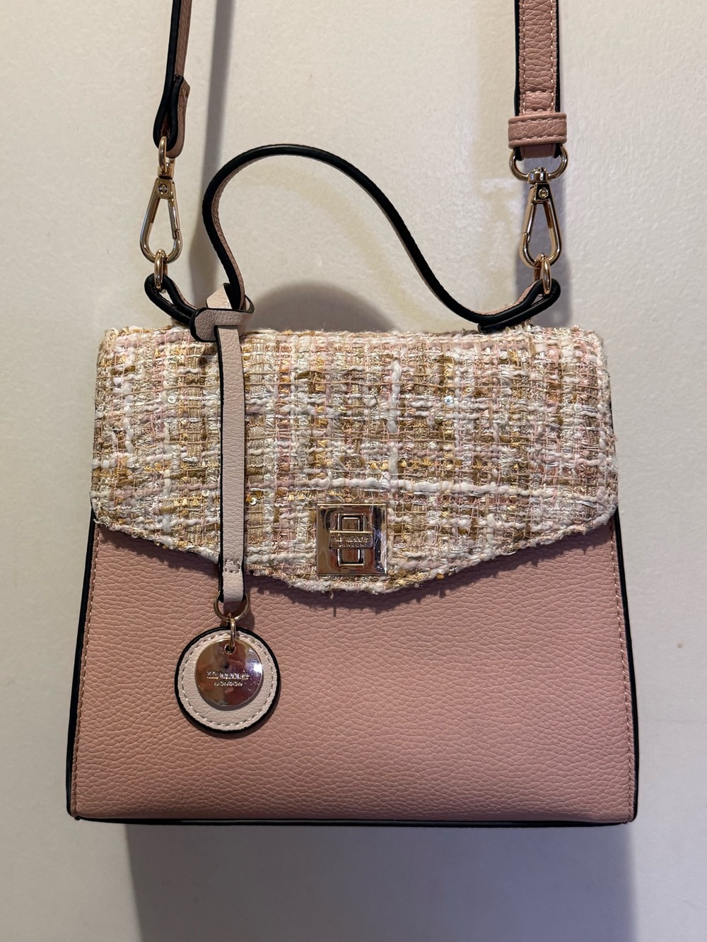 Dune London blush sequined/tweed and leather crossbody bag